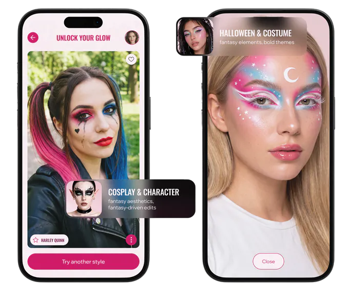 Try-on-Ergebnisse in Makeup Master: Looks aus „Cosplay-Charaktere“ und „Halloween & Kostüm“