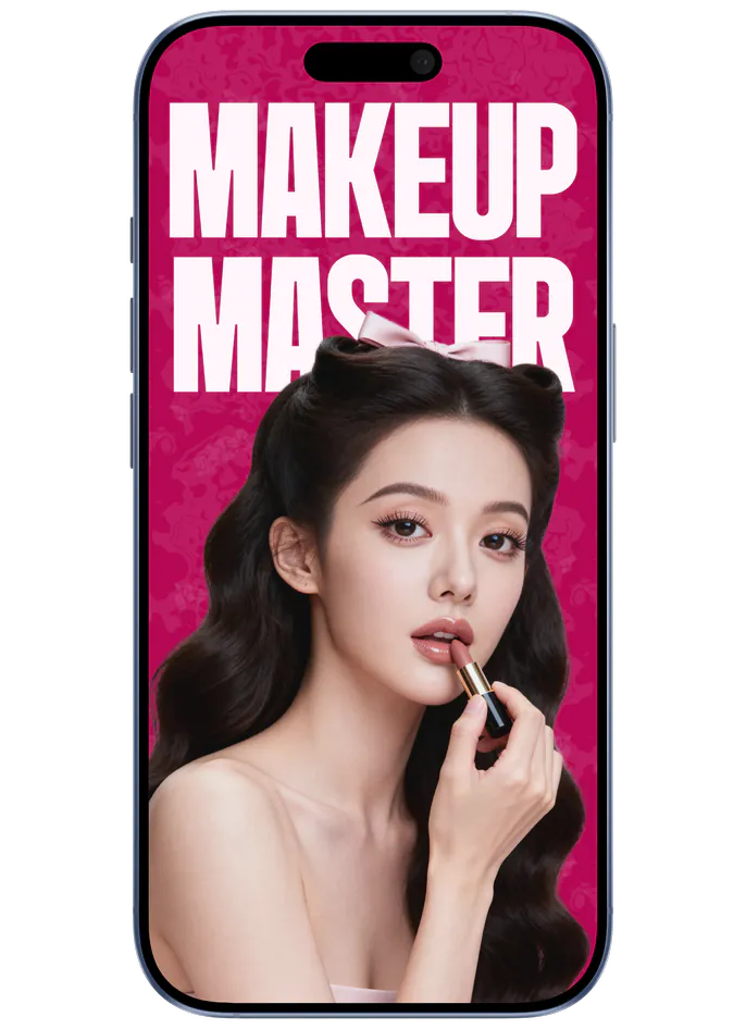 Makeup Master auf einem Smartphone: ein Model trägt Lippenstift auf, darüber der Titel Makeup Master