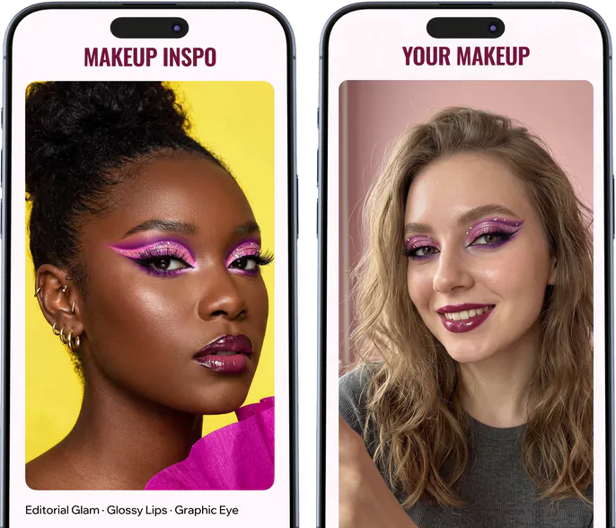 Ein Foto als Make-up-Inspiration neben demselben Look auf einem Selfie in Makeup Master