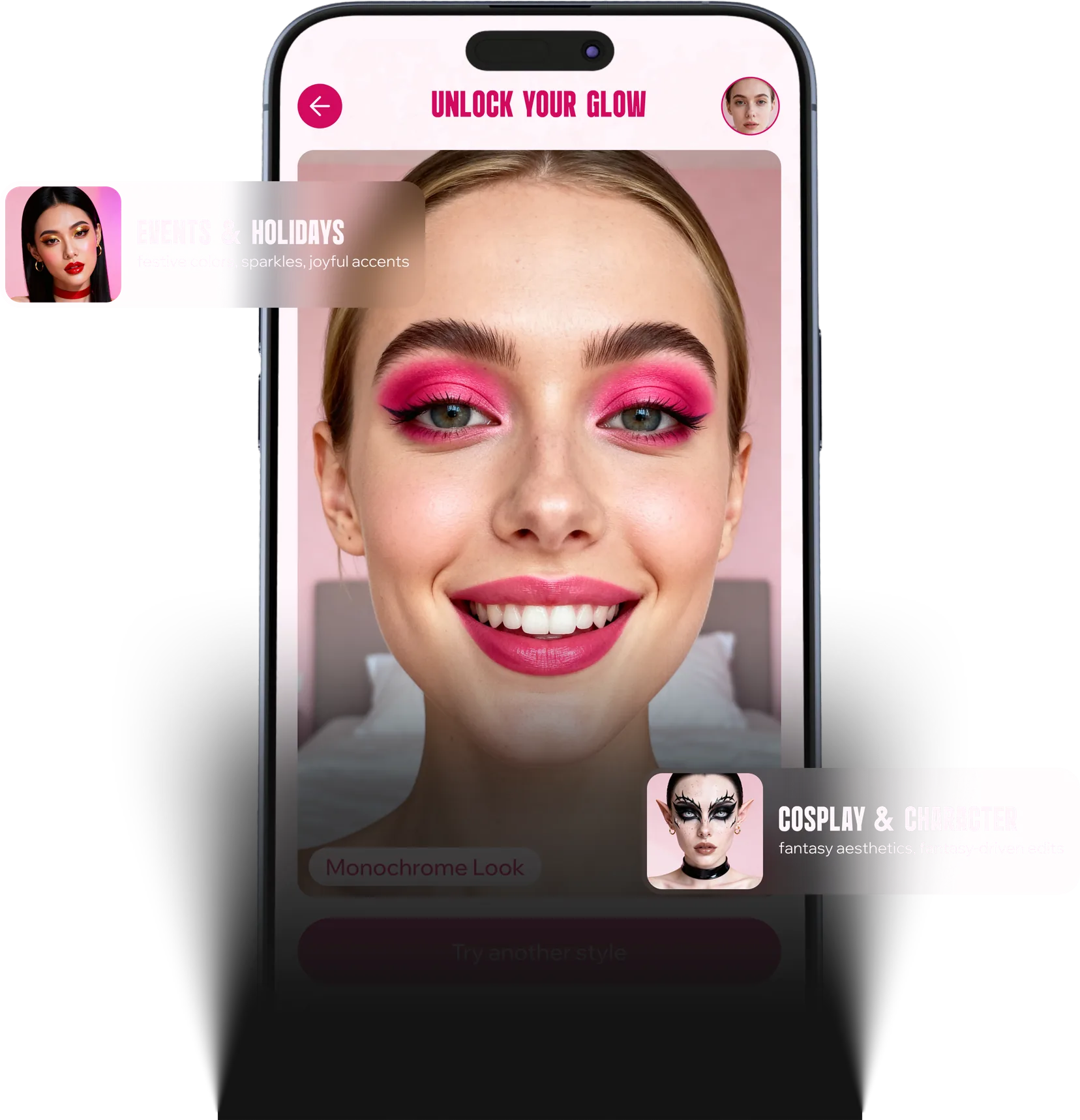 Phone showing a before and after makeup try-on